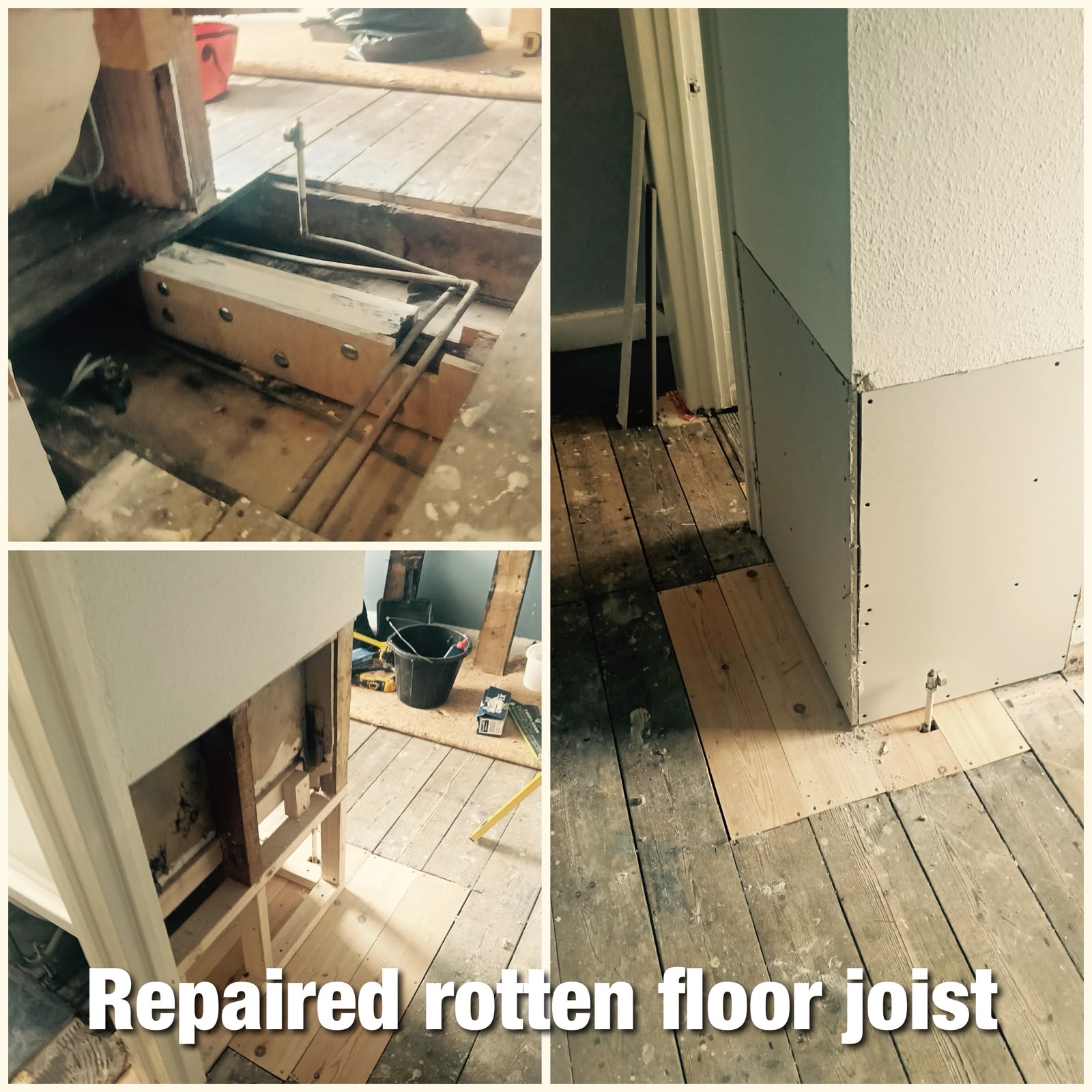 Rotten floor joist repaired and floorboards replaced