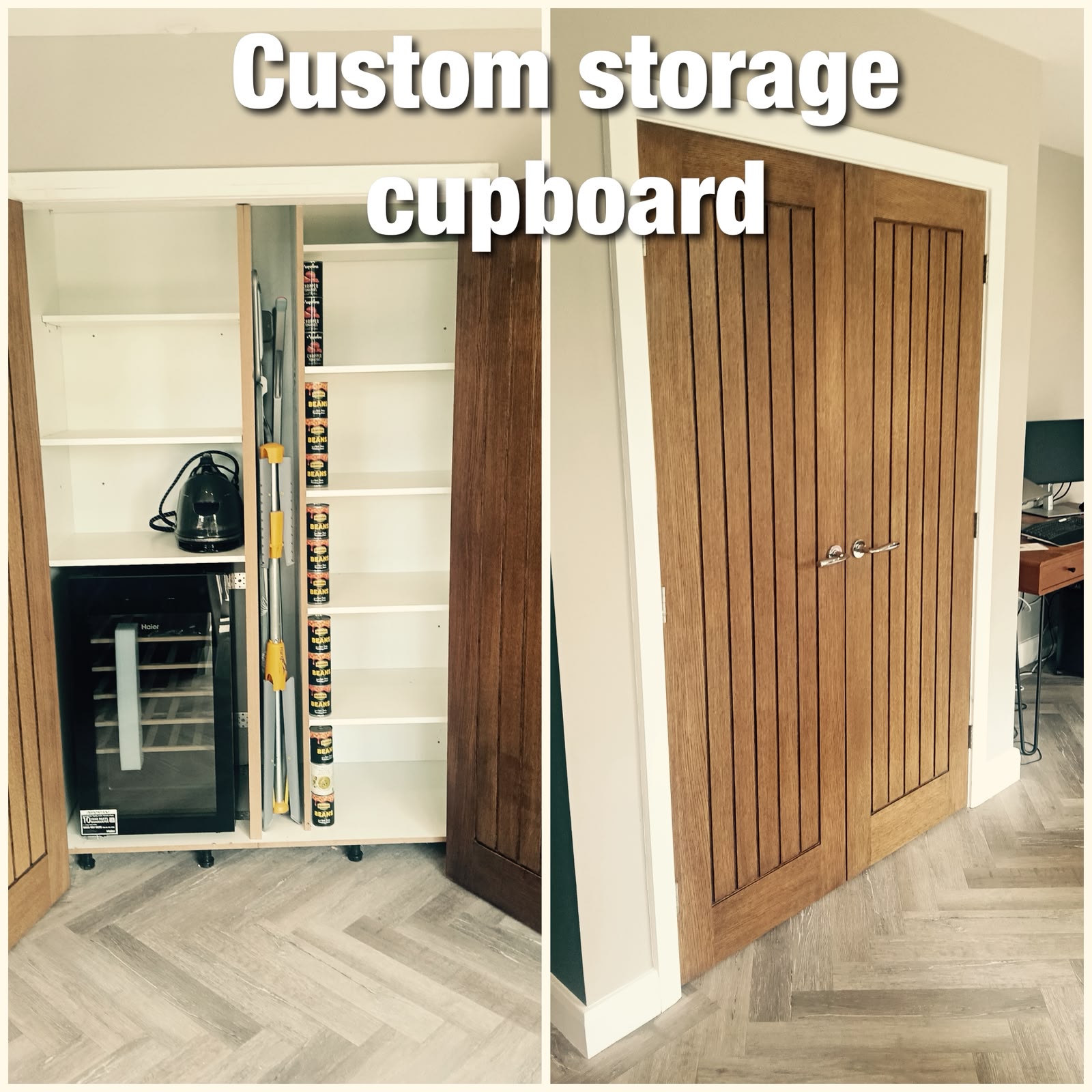 Custom fitted storage cupboard with shelving behind oak doors